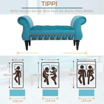 HOMCOM Sitzbank Polsterbank mit Samt-Bezug, Armlehne Bettbank mit Holzrahmen, Schuhbank für Schlafzimmer, Wohnzimmer, Flur 117 x 40 x 58 cm Blå