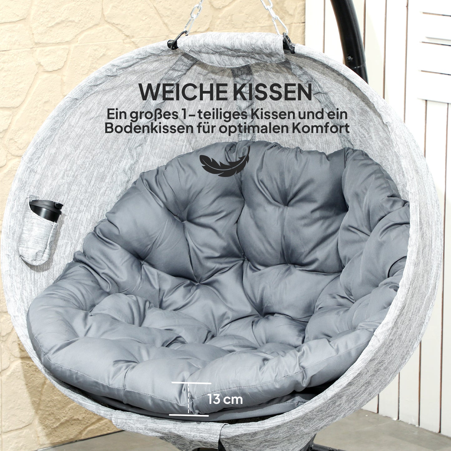 Outsunny Eiförmiger Hängekorb, Hängesessel mit Schaukelfunktion und faltbarem Korb, Gartenstuhl, Becherhalter, Grau