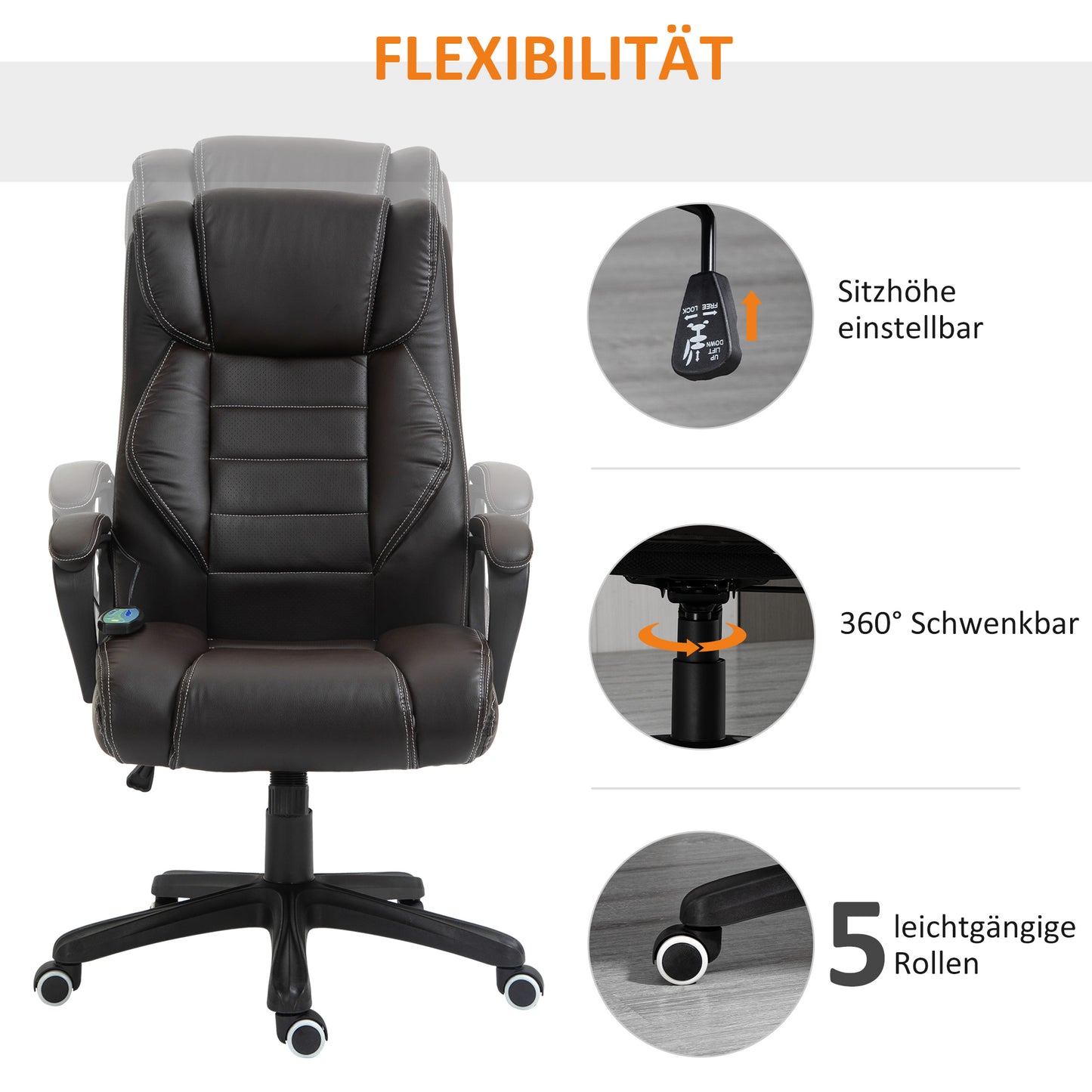 Vinsetto Bürostuhl med Massagefunktion, Höhenverstellbarer Chefsessel, ergonomisk Drehstuhl, 6 Vibrationspunkte, Braun