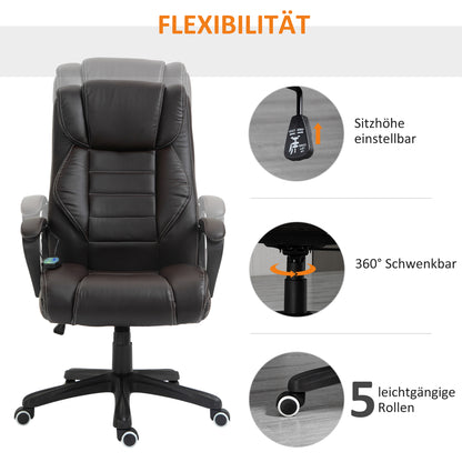 Vinsetto Bürostuhl med Massagefunktion, Höhenverstellbarer Chefsessel, ergonomisk Drehstuhl, 6 Vibrationspunkte, Braun