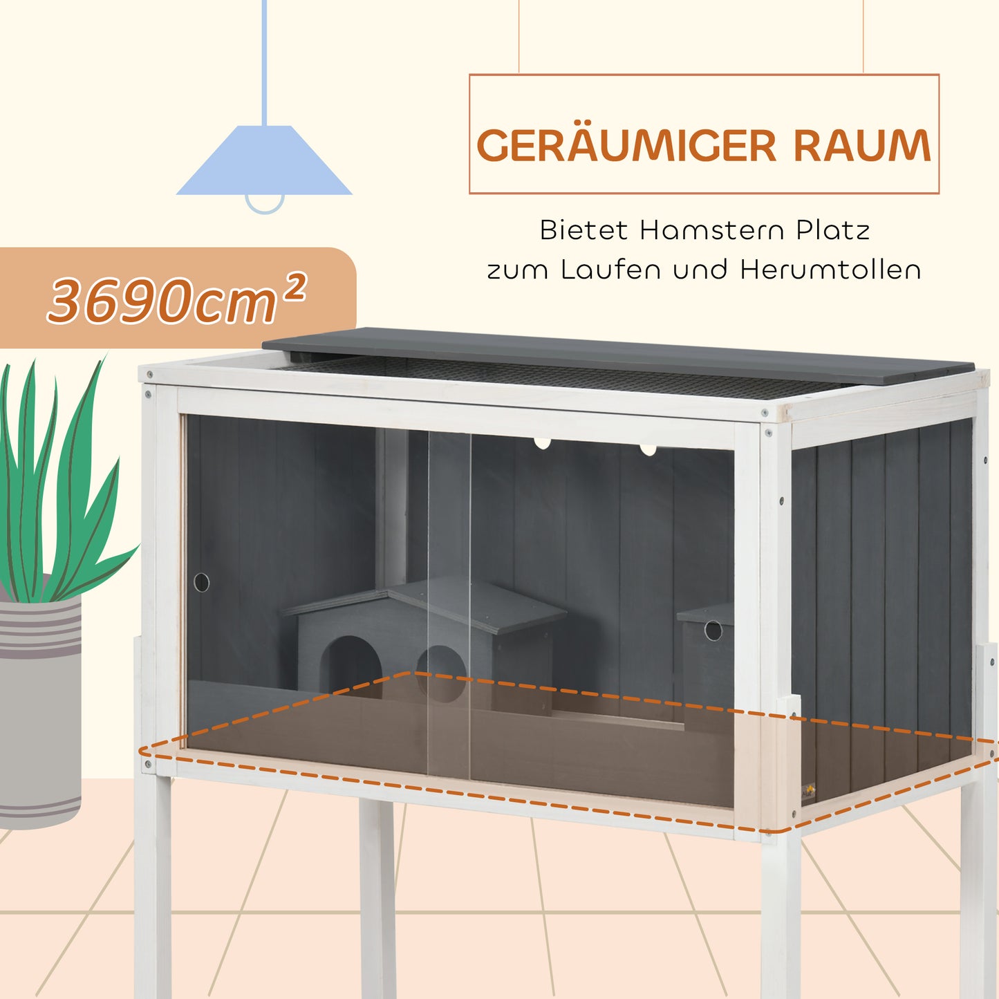 PawHut Hamsterkäfig, 3000 cm² Zwerghamsterkäfig aus Holz und Metall, mit 2 Hütten, Acrylschiebetüren, stabil, sicher, Grau+Weiß
