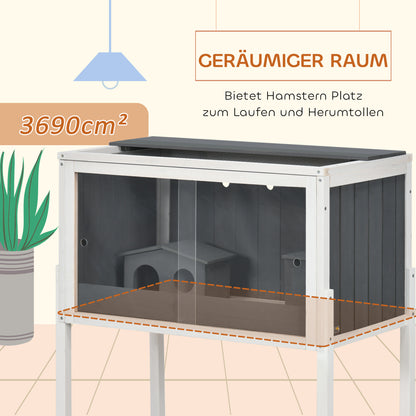 PawHut Hamsterkäfig, 3000 cm² Zwerghamsterkäfig aus Holz und Metall, mit 2 Hütten, Acrylschiebetüren, stabil, sicher, Grau+Weiß