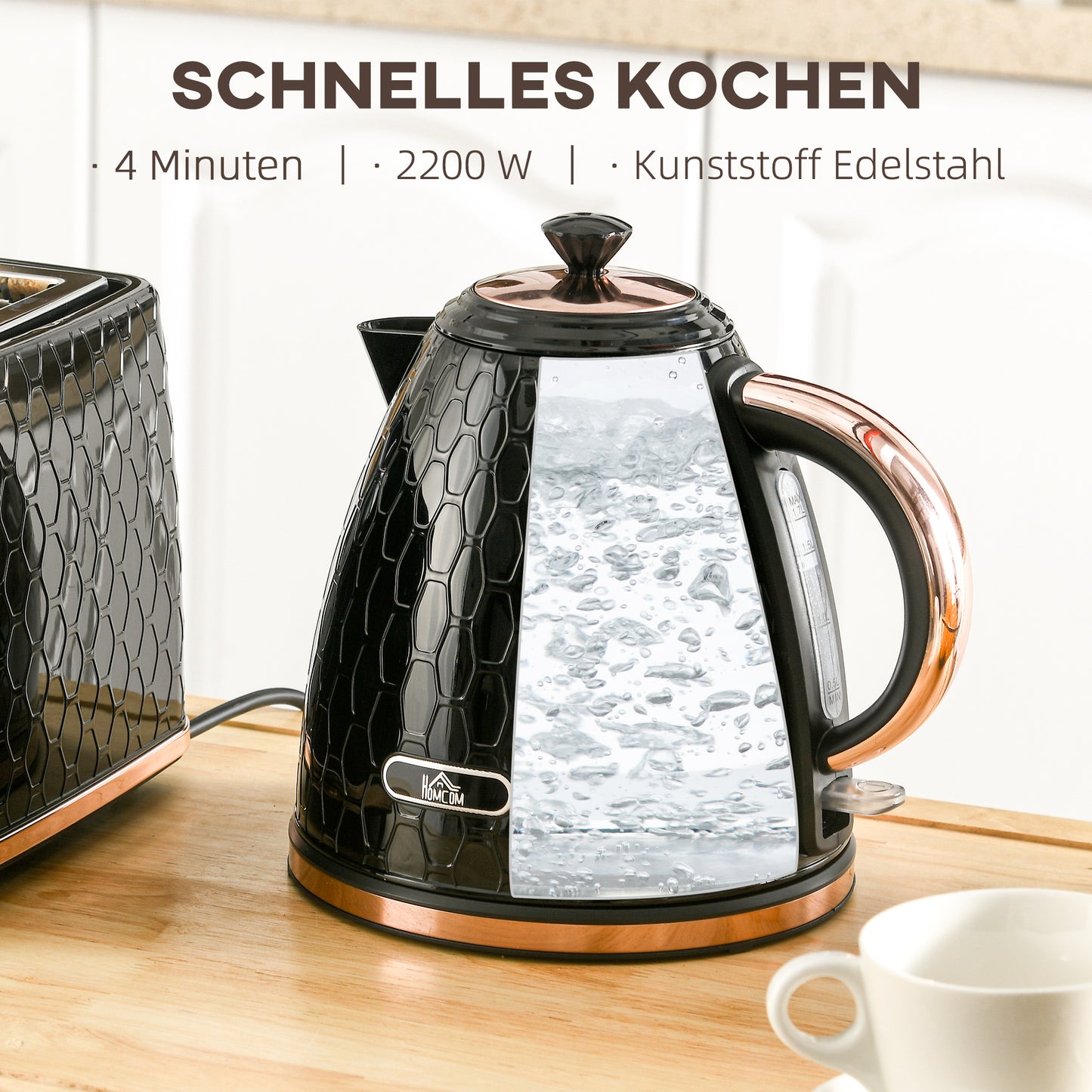 HOMCOM Wasserkocher, 2200W, Sichtfenster, Filter, Schnellkocher, Schwarz