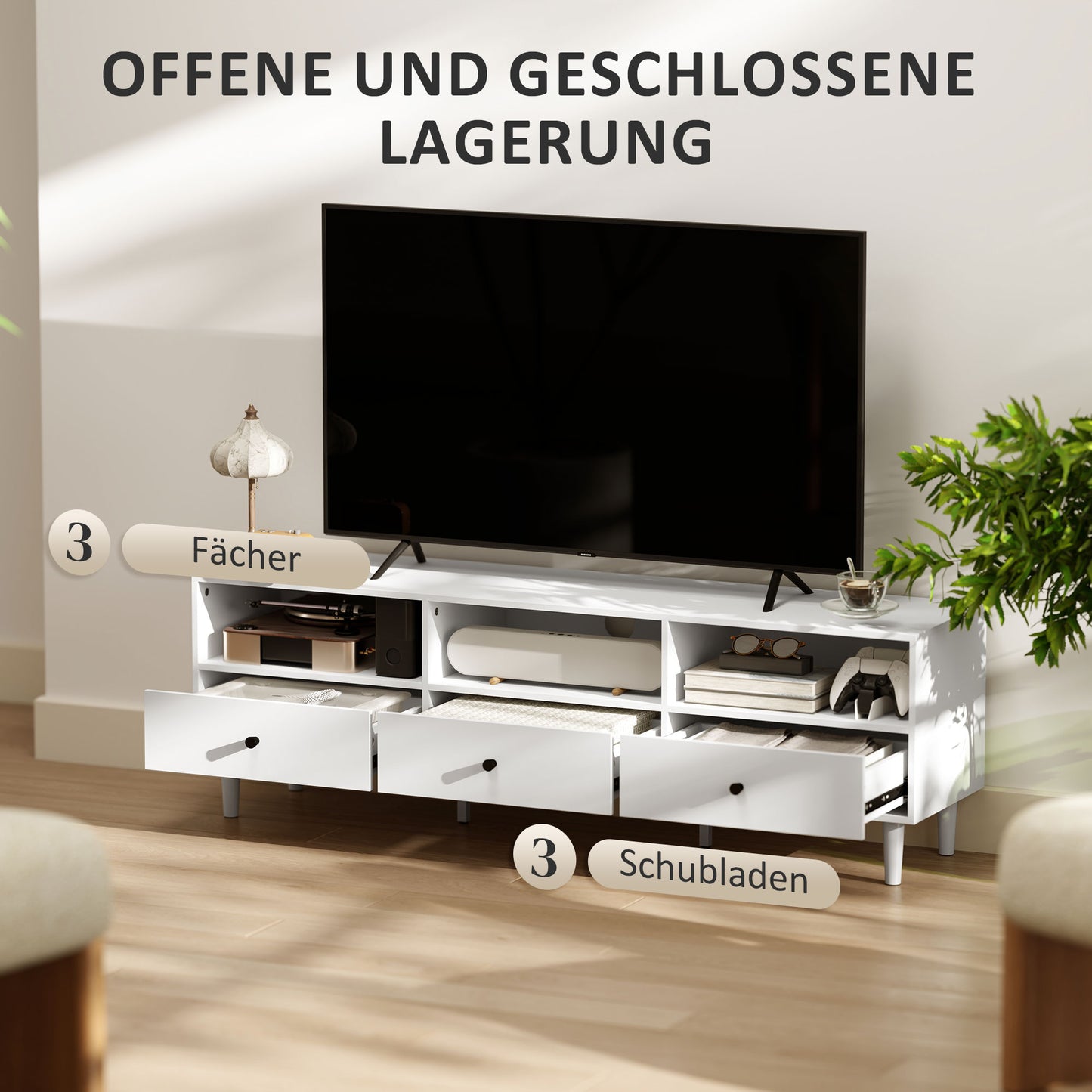 HOMCOM TV-Kommode, TV-Ständer für 75-Zoll-Bildschirme, 3 offene Fächer, 3 Schubladen, Spanplatte, Weiß