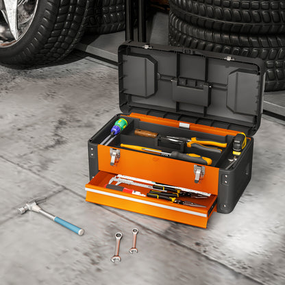 HOMCOM Werkzeugkiste leer, 49,7 x 25,3 x 23 cm Werkzeugkasten mit Schublade, Mini-Box Stahl Orange