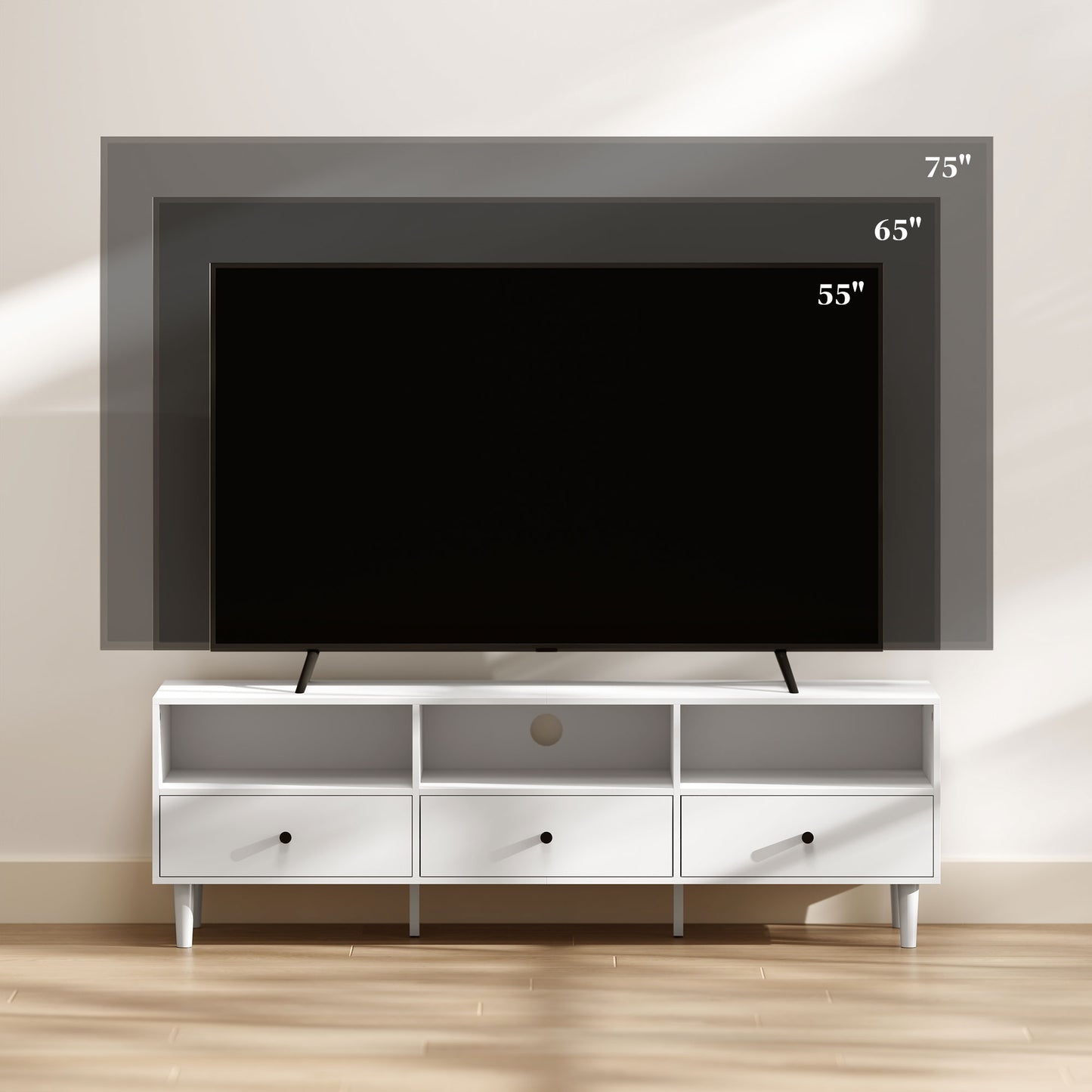 HOMCOM TV-Kommode, TV-Ständer für 75-Zoll-Bildschirme, 3 offene Fächer, 3 Schubladen, Spanplatte, Weiß
