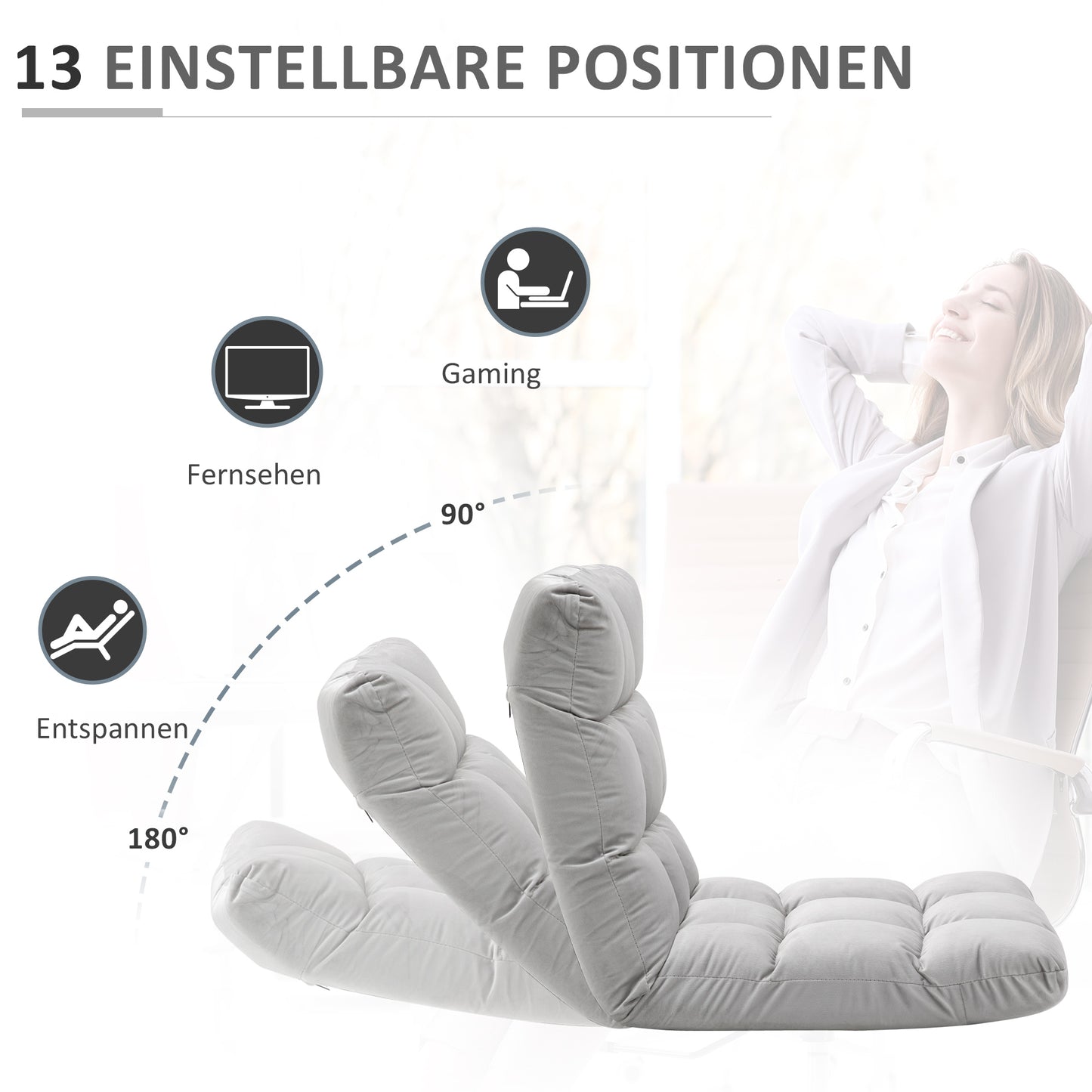 HOMCOM Bodenstuhl Faltbar Bodensessel mit Liegefunktion Verstellbarer Rückenlehne, gepolstert Relaxsessel zum Fernsehen, Lesen, Meditationsstuhl Lazy Sofa Lesesessel für Meditation Zuhause Grau