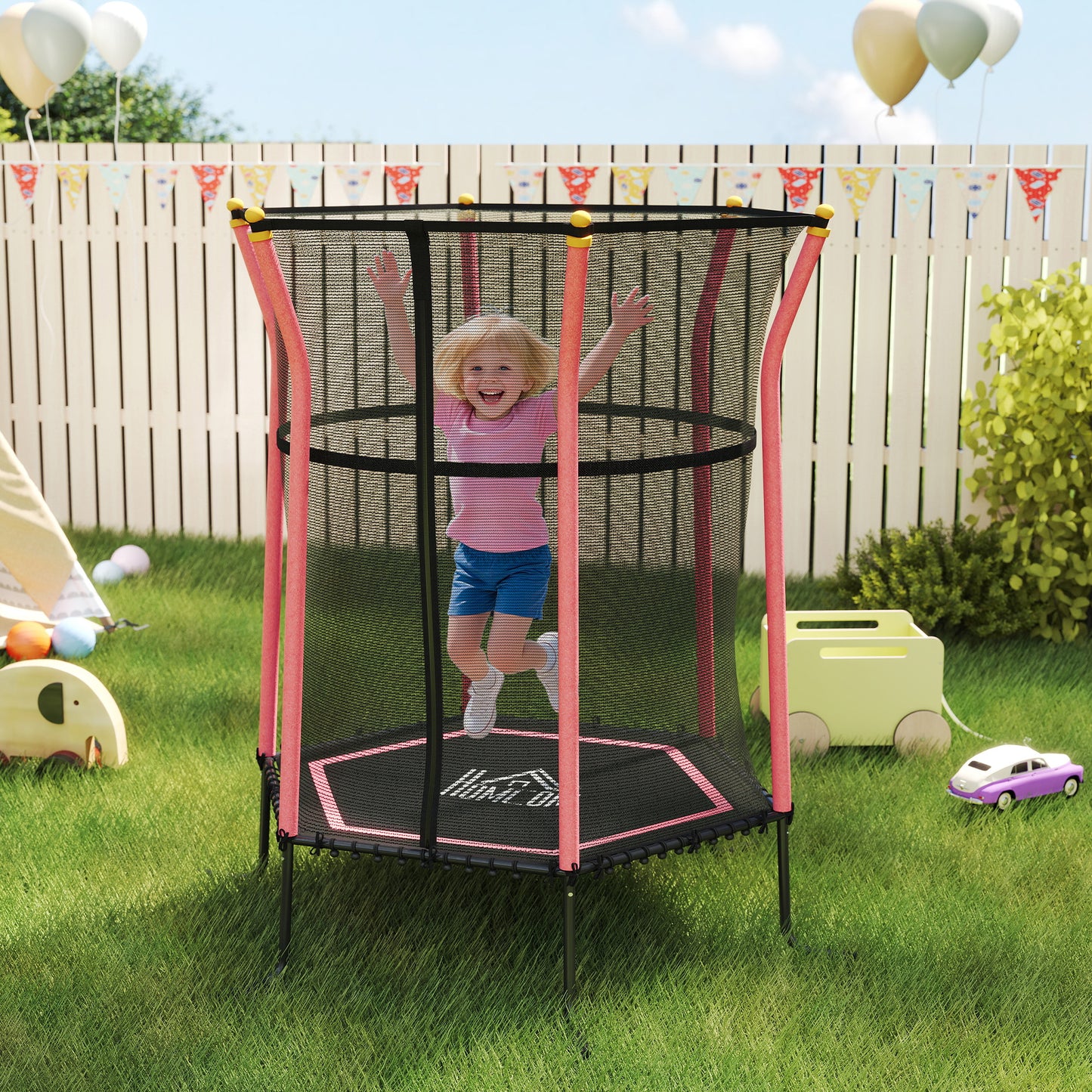 HOMCOM Trampolin für Kinder, Ø163,5 cm, mit Sicherheitsnetz, gepolstert, Stahl, belastbar bis 50 kg, Schwarz & Rot
