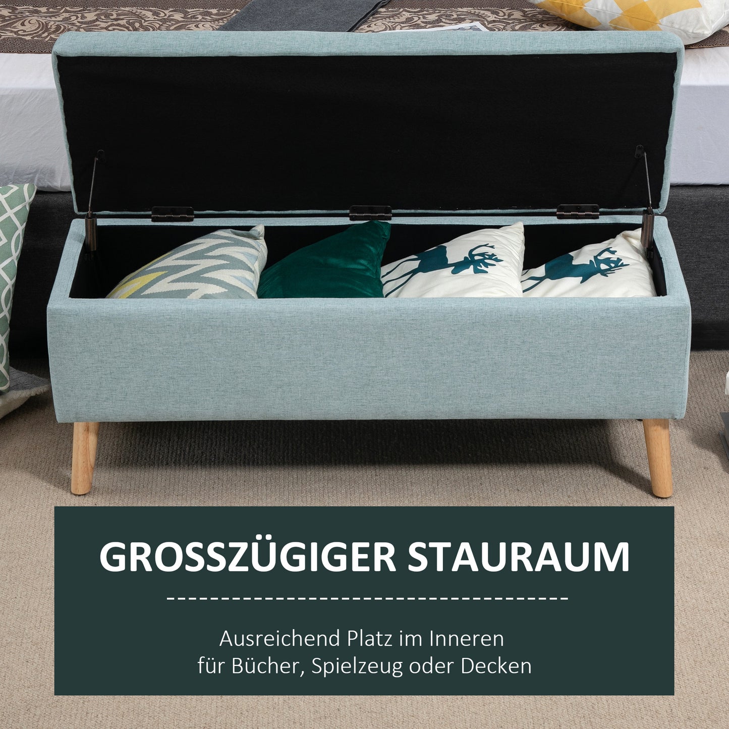 HOMCOM Sitzbank mit Stauraum Polsterbank mit Leinenoptik, Sitztruhe mit Holzbeine, Truhenbank für Wohnzimmer Schlafzimmer Flur 110 x 39 x 45 cm, Hellgrün