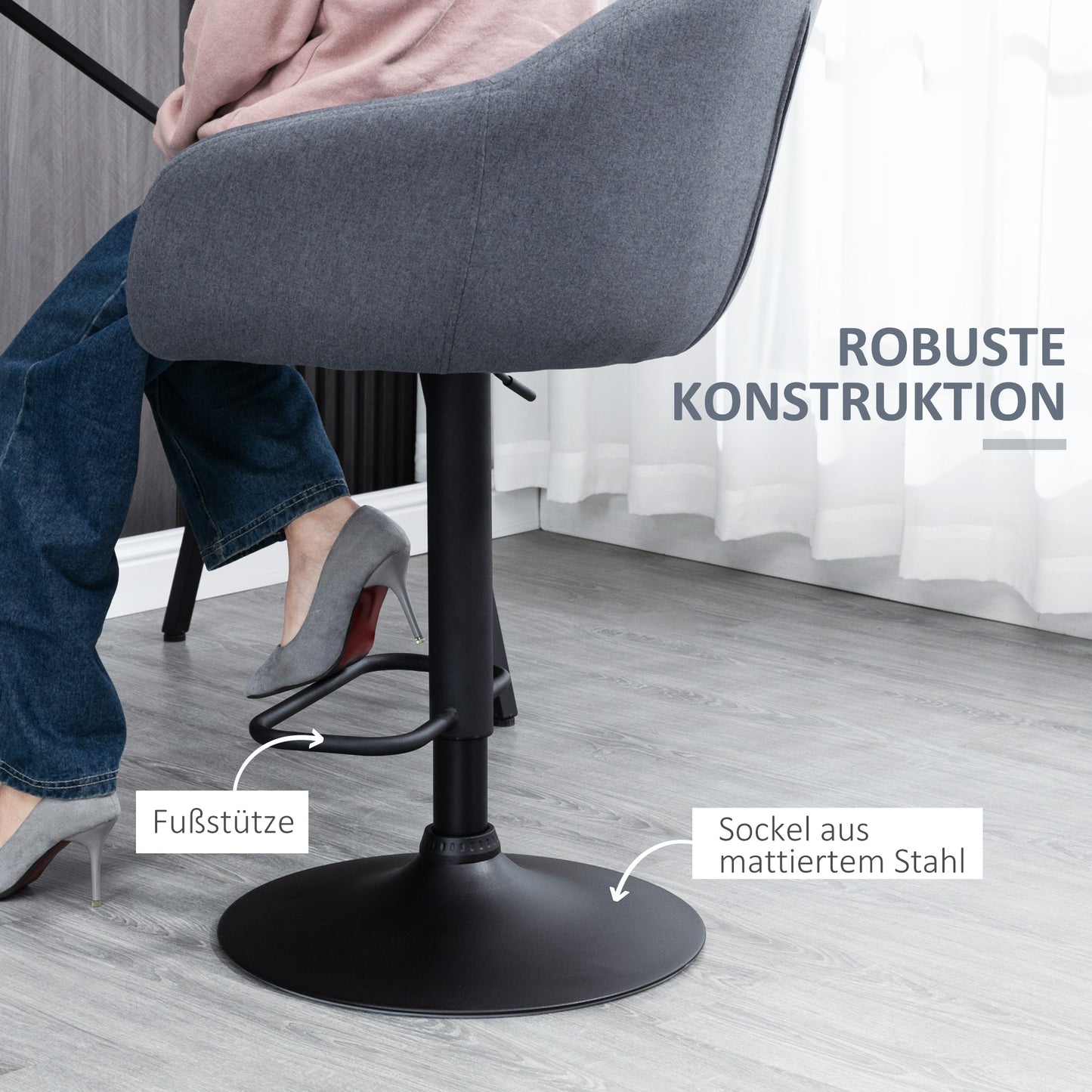 HOMCOM Barhocker höhenverstellbar mit Lehne und mit Fußstütze; Leinenoptik, 54 cm x 54 cm x 112 cm, Grau