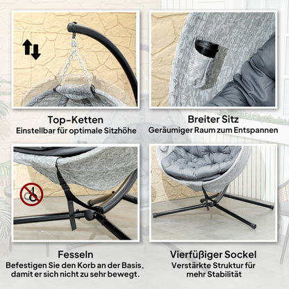 Outsunny Eiförmiger Hängekorb, Hängesessel mit Schaukelfunktion und faltbarem Korb, Gartenstuhl, Becherhalter, Grau