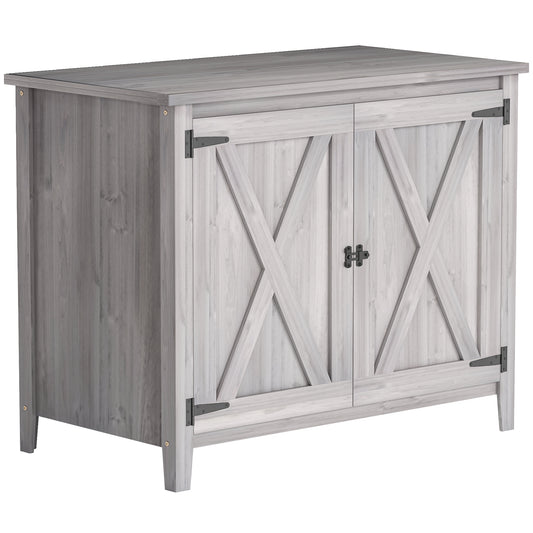 Outsunny Gartenschrank, Holzschrank für Gartengeräte, Outdoor-Schrank für Terrasse, mit Doppeltüren, Scheunendesign, Hellgrau