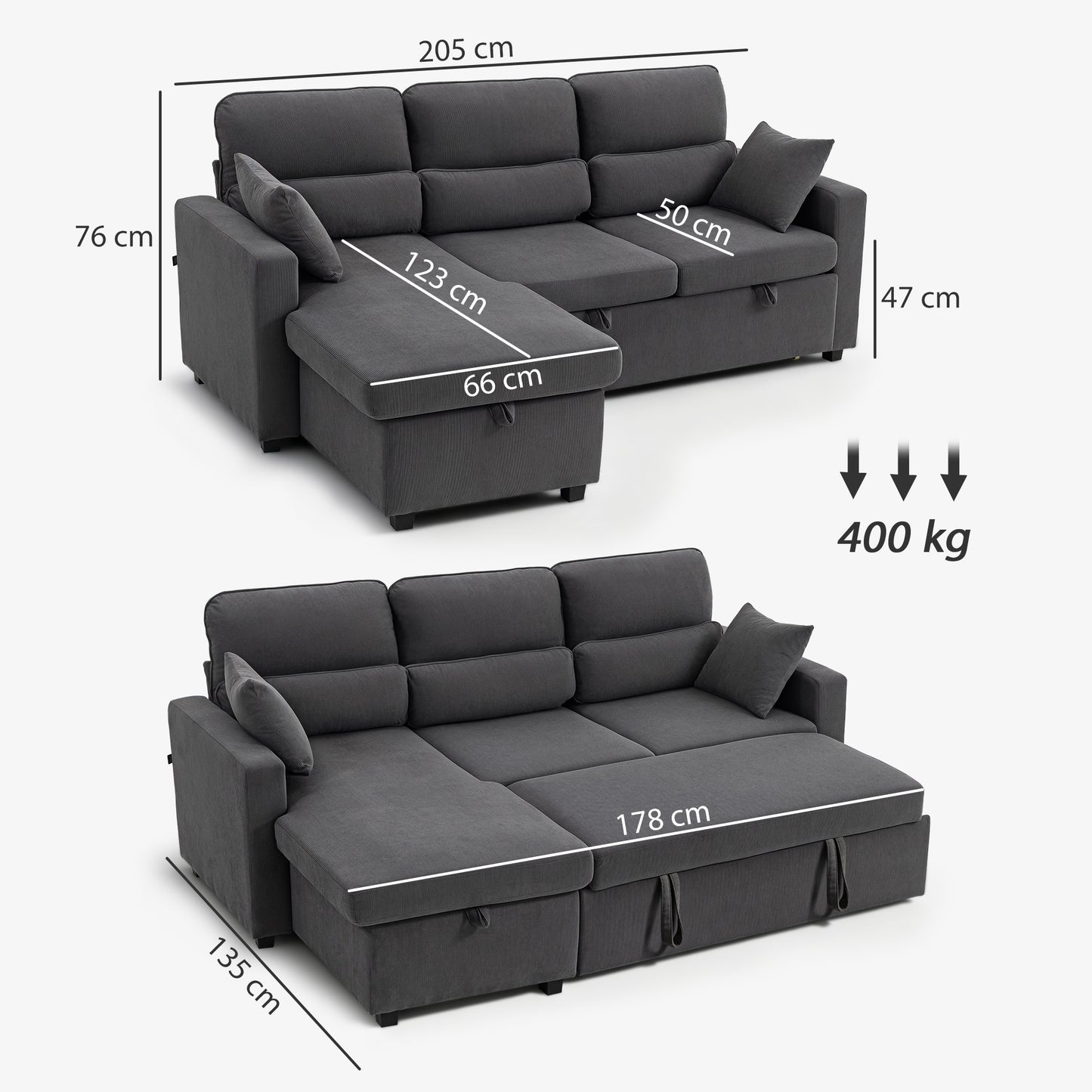HOMCOM Verstellbares Bettsofa, L-förmiges Gästesofa mit Bettfunktion, Stauraum, Kissen, für Wohnzimmer, Gästezimmer, Dunkelgrau