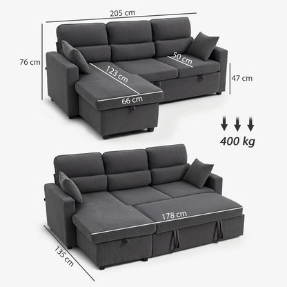 HOMCOM Verstellbares Bettsofa, L-förmiges Gästesofa mit Bettfunktion, Stauraum, Kissen, für Wohnzimmer, Gästezimmer, Dunkelgrau