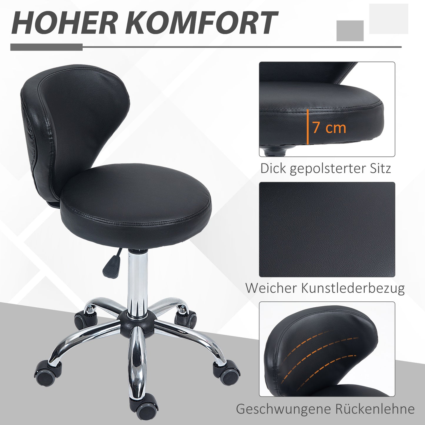 HOMCOM Salonhocker in Lederoptik, höhenverstellbar, bis 120 kg, Stahlgestell, Schwarz