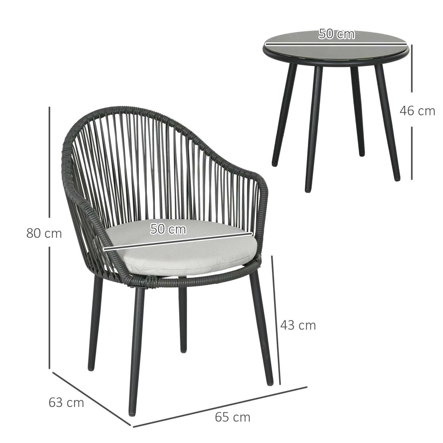 Outsunny Bistro-Set Rattan-Sofa-Set Terrassen-Set, 2 Stühle, 1 Tisch, wetterbeständig, 65 x 63 x 80 cm, Dunkelgrau + Hellgrau