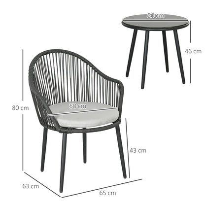 Outsunny Bistro-Set Rattan-Sofa-Set Terrassen-Set, 2 Stühle, 1 Tisch, wetterbeständig, 65 x 63 x 80 cm, Dunkelgrau + Hellgrau