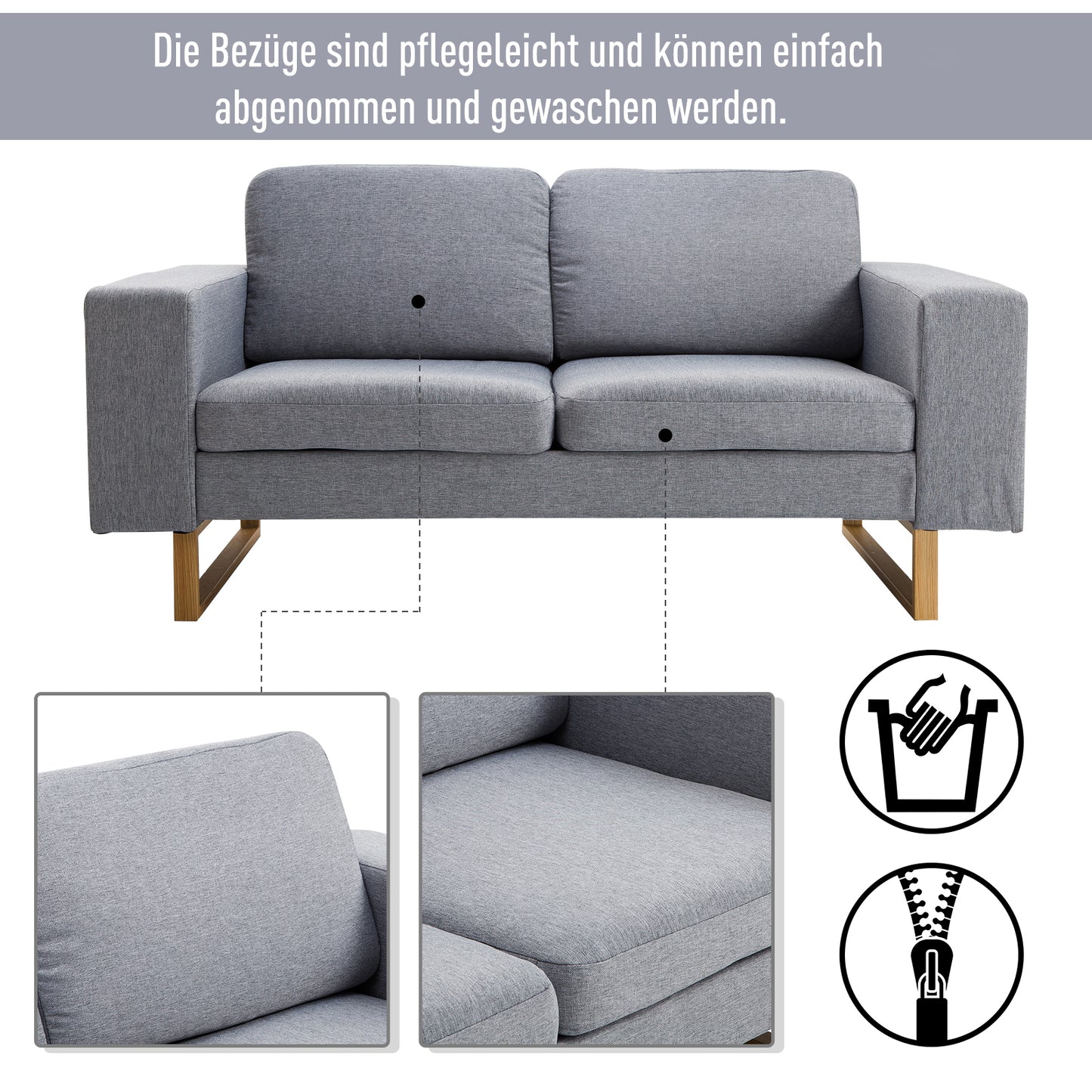 HOMCOM® 2-Sitzer Sofa Stoffsofa Ecksofa Polstersofa Sitzmöbel Armlehne Holz hellgrau 145 x 82 x 78 cm
