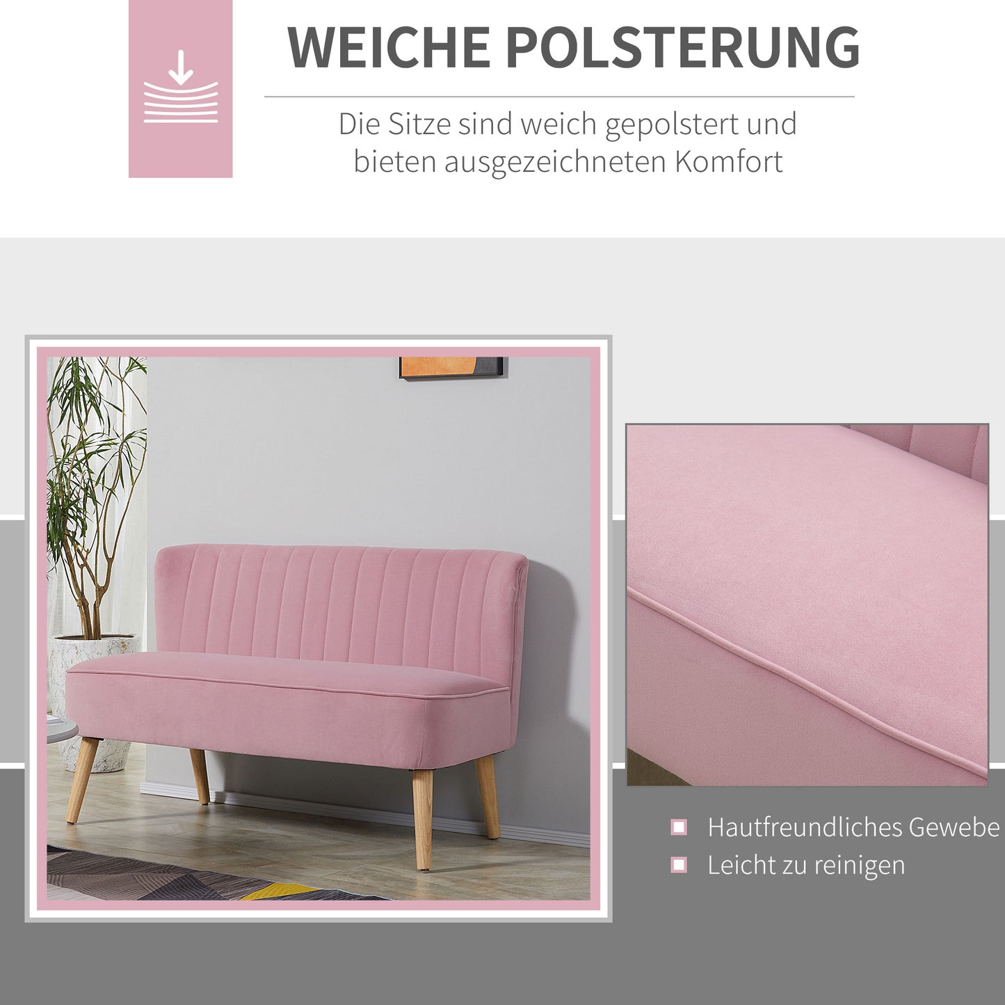 HOMCOM 2-Sitzer Stoffsofa Polstersofa Doppelsofa Sitzmöbel Loungesofa Holz Samtartiges Polyster Schaumstoff Rosa 117 x 56,5 x 77 cm