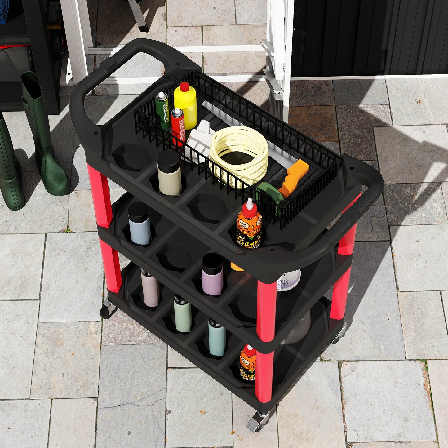 HOMCOM Werkzeugwagen mit 3 Ebenen, seitliche Griffe, Räder, Kunststoff, Rot