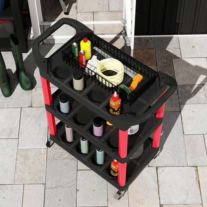 HOMCOM Werkzeugwagen mit 3 Ebenen, seitliche Griffe, Räder, Kunststoff, Rot