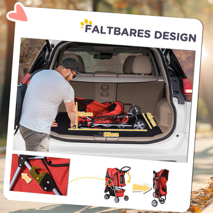 PawHut Hundewagen Hundebuggy bis 10 kg Klappbar Bodenkorb 2 Becherhalter verstellbares Vordach Rot