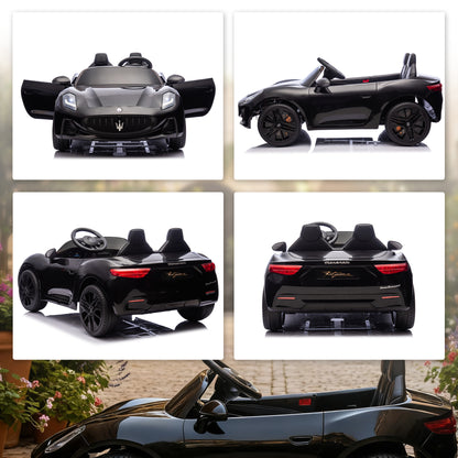 AIYAPLAY Maserati Elektroauto für Kinder, 2-Sitzer, 12V Batteriebetrieb, Fernbedienung, LED-Lichter, Musikfunktion, Schwarz