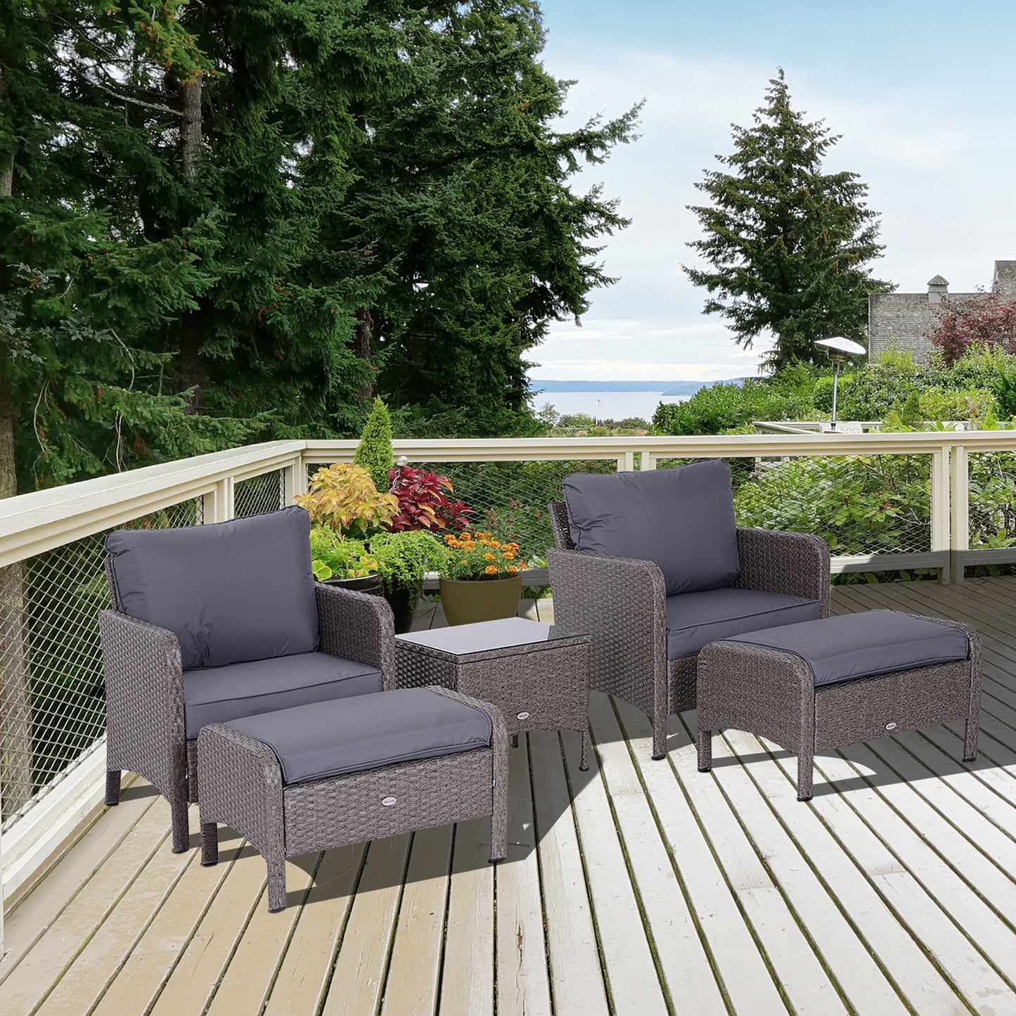 Outsunny 5-tlg. Polyrattan Gartenmöbel Sitzgruppe Gartenset Sofagarnitur Garnitur Lounge mit Kissen Dunkelgrau 2 x Sessel 1 x Couchtisch 2 x Hocker
