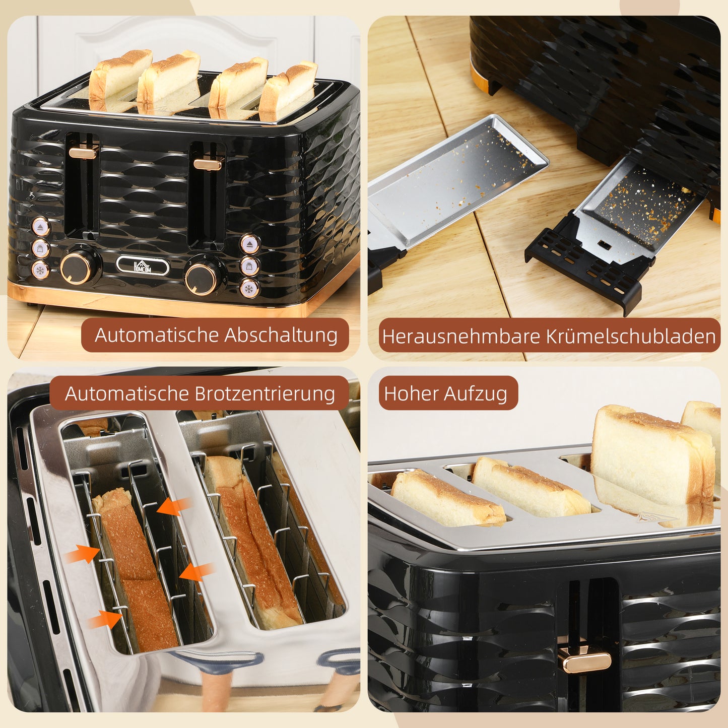 HOMCOM 4-Scheiben-Toaster, wellenförmiges Design, mehrere Funktionen, Krümelfach, Schwarz