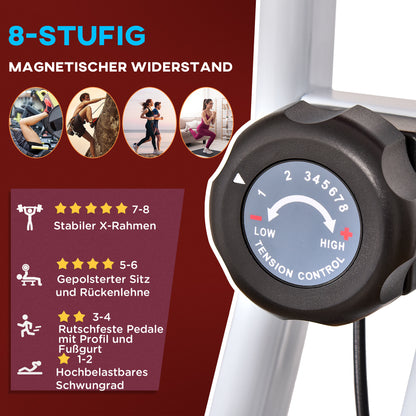 HOMCOM Heimtrainer mit Magnetwiderstand, 8-Stufen, höhenverstellbar, LCD-Display, Rot + Weiß