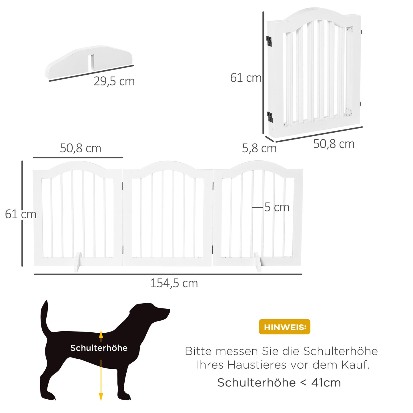 PawHut Absperrgitter Hund 3-teilig, 154,5 x 61 cm Faltbar Hundegitter mit Tür, Türschutzgitter med 2 Stützfüßen, Freistehend Treppengitter für Küche, Flur, Weiß