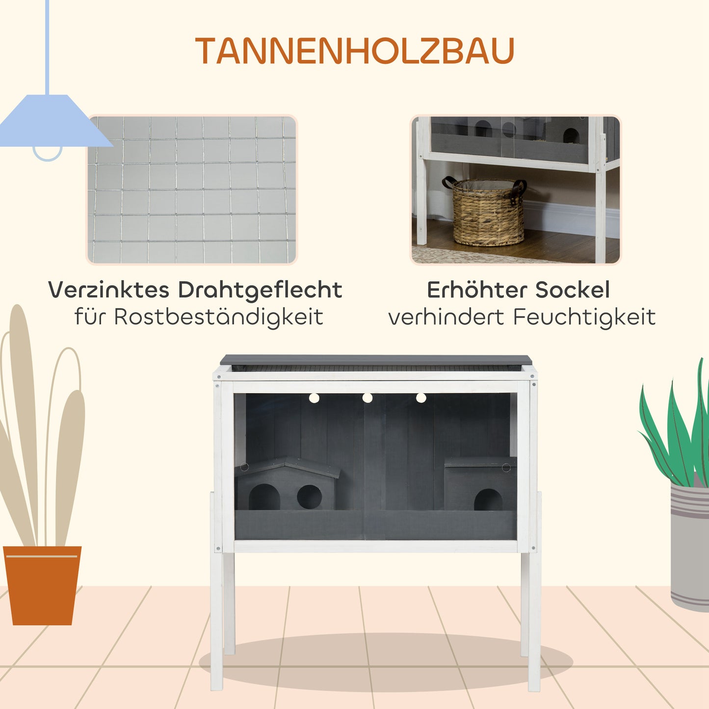 PawHut Hamsterkäfig, 3000 cm² Zwerghamsterkäfig aus Holz und Metall, mit 2 Hütten, Acrylschiebetüren, stabil, sicher, Grau+Weiß