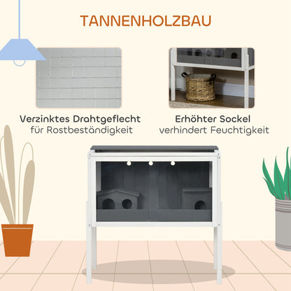 PawHut Hamsterkäfig, 3000 cm² Zwerghamsterkäfig aus Holz und Metall, mit 2 Hütten, Acrylschiebetüren, stabil, sicher, Grau+Weiß