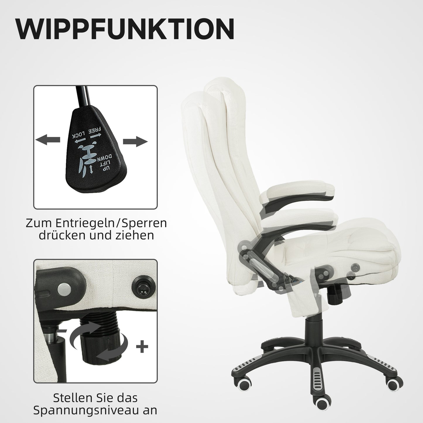 Vinsetto Ergonomischer Schreibtischstuhl med massagefunktion, 68 x 72 x 110–120 cm, Cremeweiß