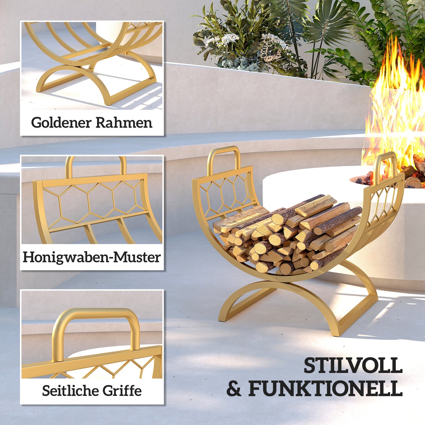 Outsunny Kaminholzregal för inomhus 46 x 36 x 41cm Brennholzregal för Kamin Ofen Metall Gold