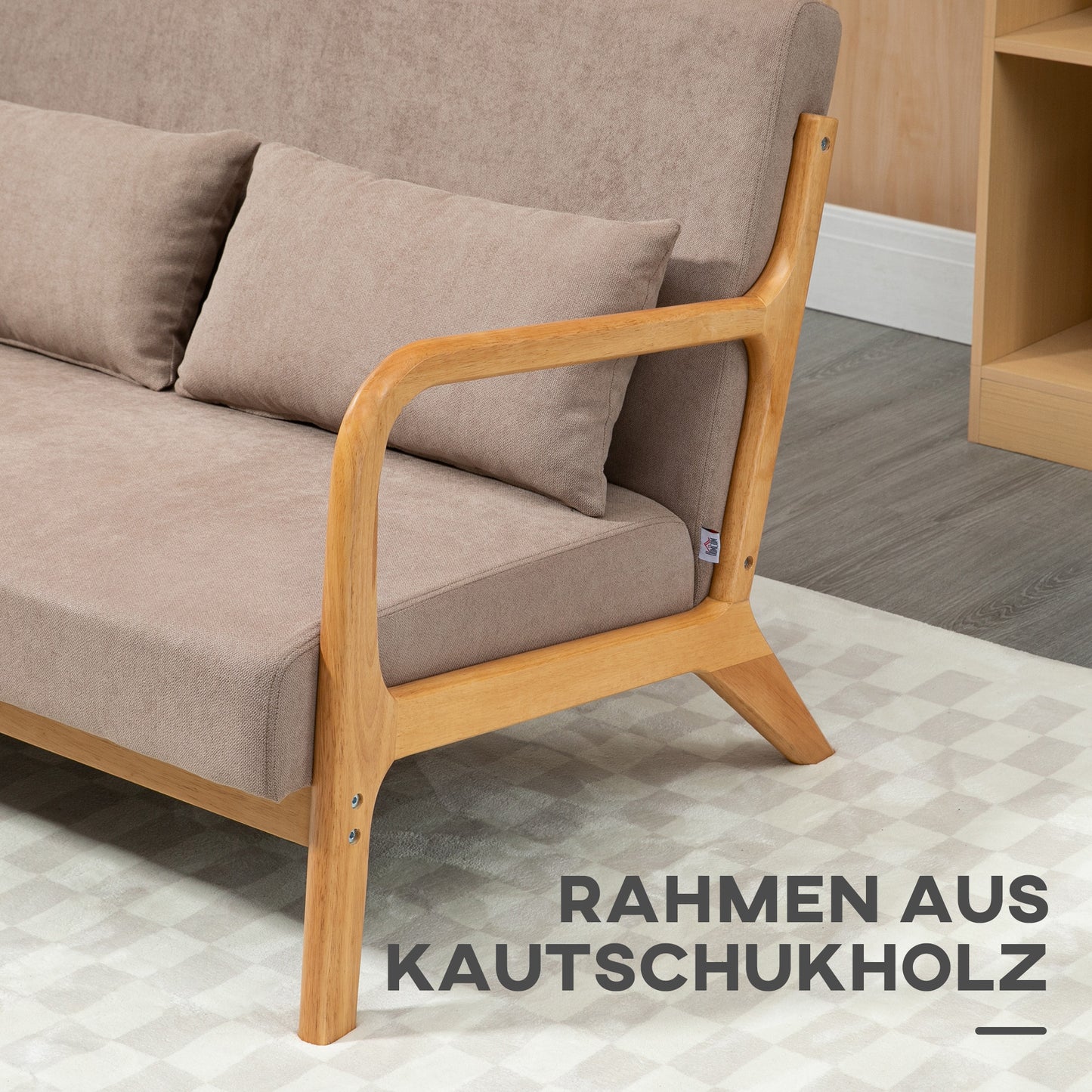 HOMCOM 2-er Sofa, 2-Sitzer, kleines Sofa, Retrodesign, 2 Kissen, Kautschukholz, Braun + Natur