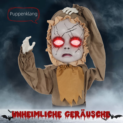 HOMCOM Grusel-Puppe Halloween-Dekoration, beweglicher Kopf, rote Augen, Batteriebetrieb