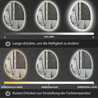 HOMCOM 70 x 50 cm Asymmetrischer Badspiegel mit LED-Licht, Smart Touch Schalter, Anti-Beschlag-Funktion, Silber