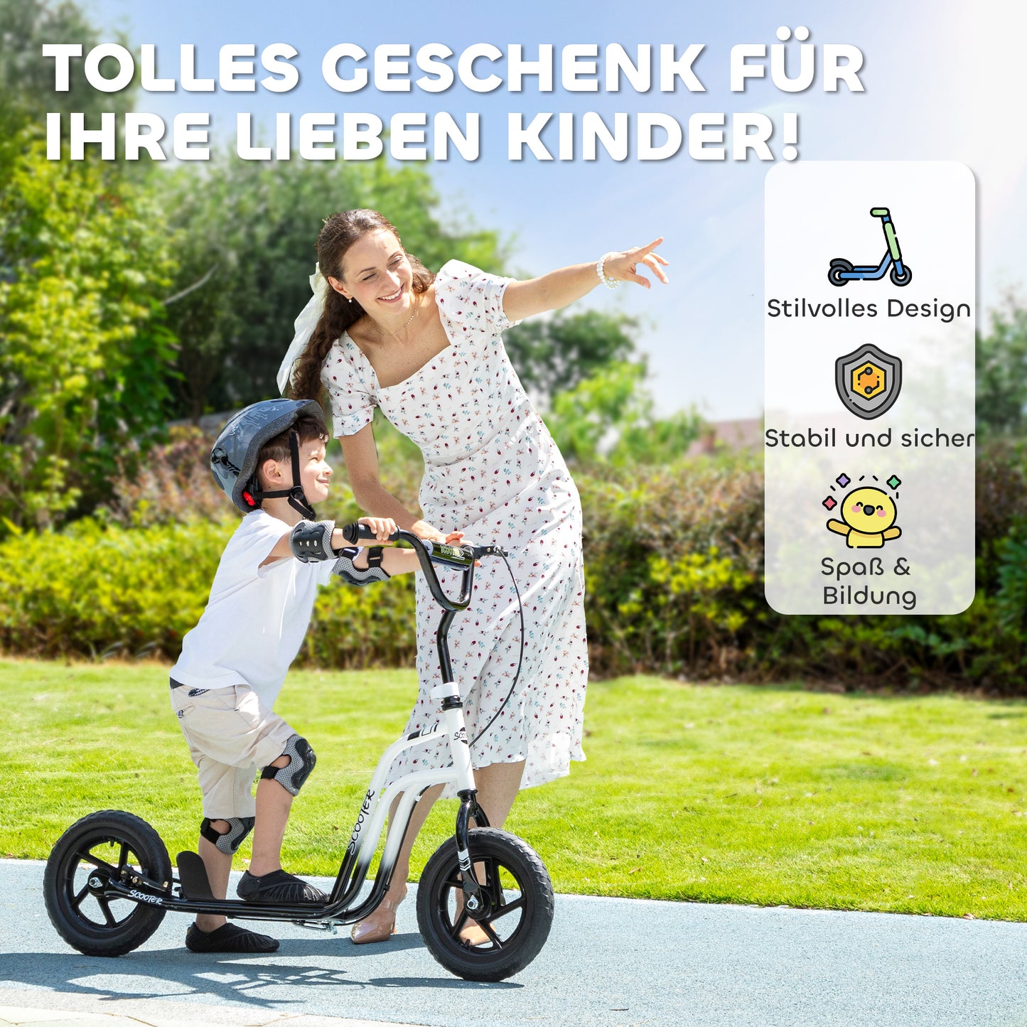 AIYAPLAY Kinderroller mit verstellbarem Lenker, große Räder, Parkständer, Handbremse, für Kinder im Alter von 5-12 Jahren, Weiß