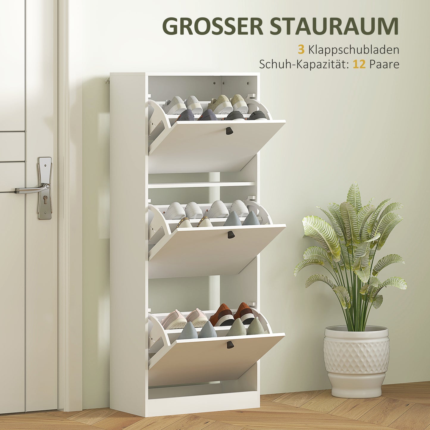 HOMCOM Schuhschrank, 3 Schubladen, für bis zu 12 Paar Schuhe, Spanplatte, Weiß