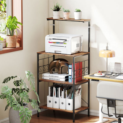 HOMCOM Küchenregal, 4-stufiges Design, Arbeitsplatte, 8 Haken, Metallrohre, Braun+Schwarz