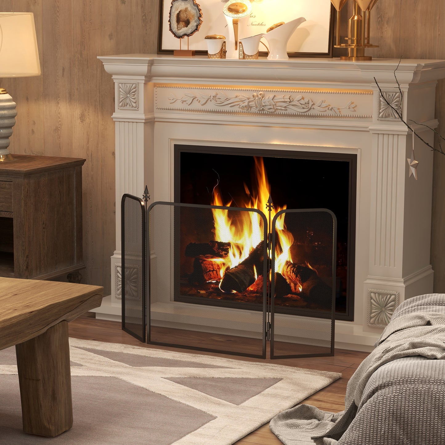 HOMCOM Funkenschutz für Kamine, klappbar, Metall, 96 x 1,3 x 56 cm, Schwarz