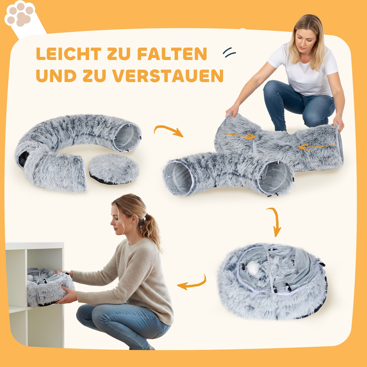 PawHut Katzentunnel, Plüschstoff, Kissen, faltbar, Metallrahmen, Katzenhöhle, Hellgrau