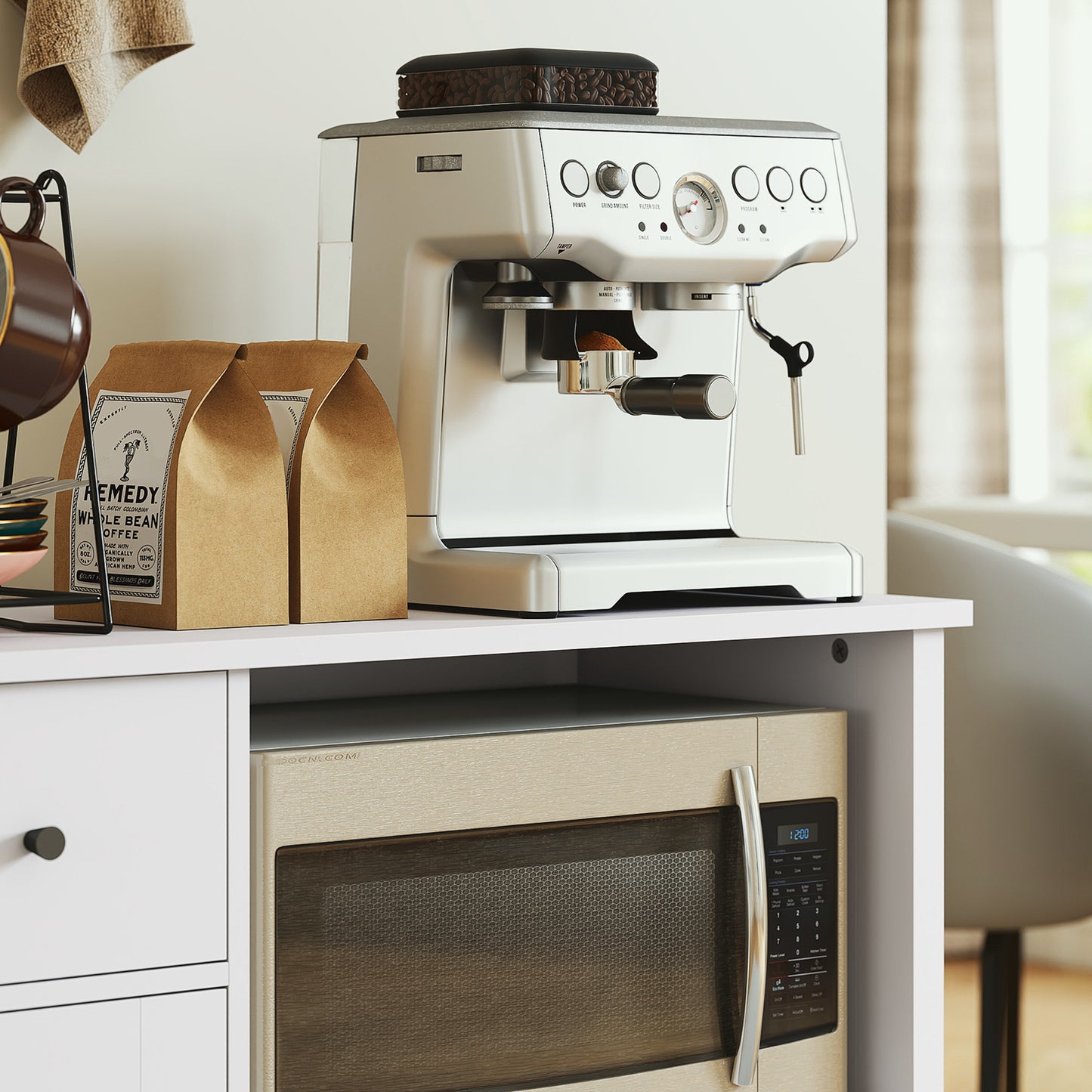 HOMCOM Küchenschrank mit Kabelloch, Kommode mit 2 Schränken, offenes Fach, Schublade, 80 x 35 x 72,2 cm, Spanplatte, Weiß