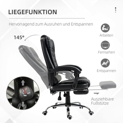 HOMCOM Bürostuhl mit Fußstütze, Schreibtischstuhl, verstellbare Rückenlehne, höhenverstellbar, Schwarz
