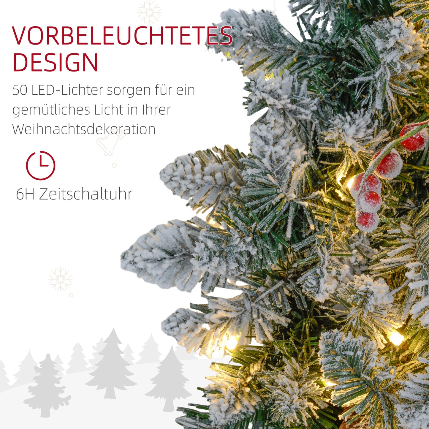 HOMCOM Weihnachtskranz mit LED-Beleuchtung, roten Beeren, realistisches Aussehen, Ø60 x 10 cm, Grün
