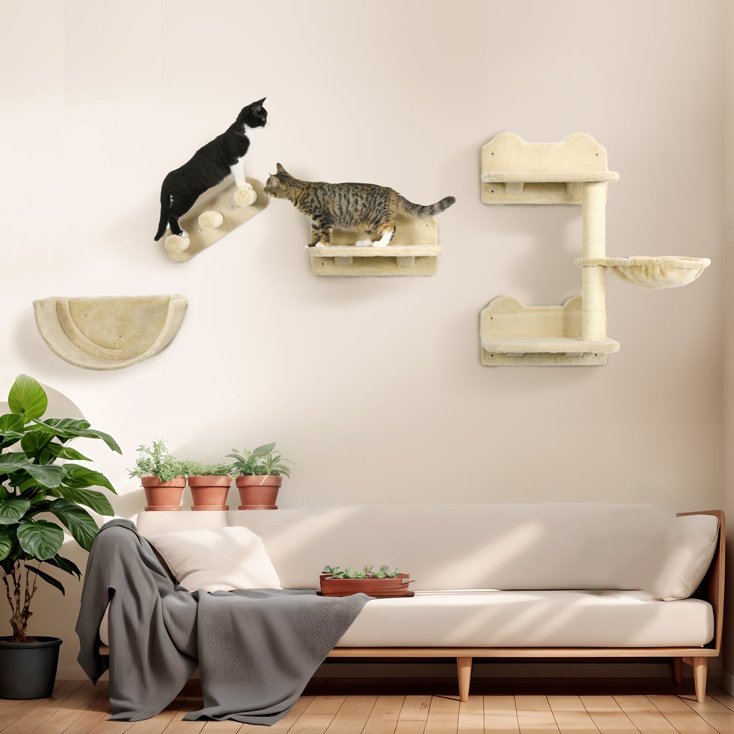PawHut Kletterwand-Set för Katzen, 4-teilig, mit Katzentreppe, Hängematte, Plattform och Kratzbaum, Beige