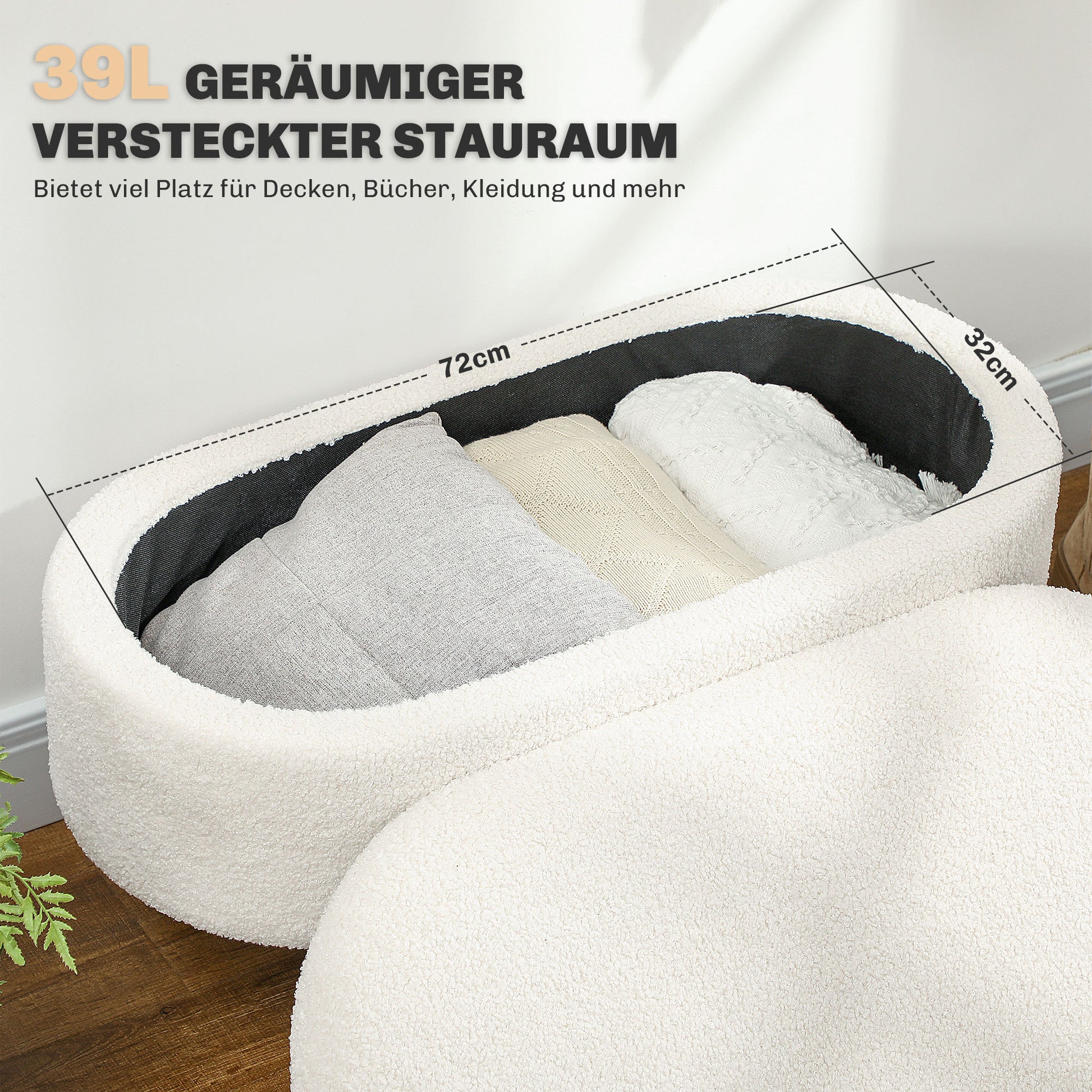 HOMCOM Sitzbank mit Stauraum und Deckel, Fußhocker für Flur, Wohnzimmer, Schlafzimmer, Holz, Stoffbezug, Weiß