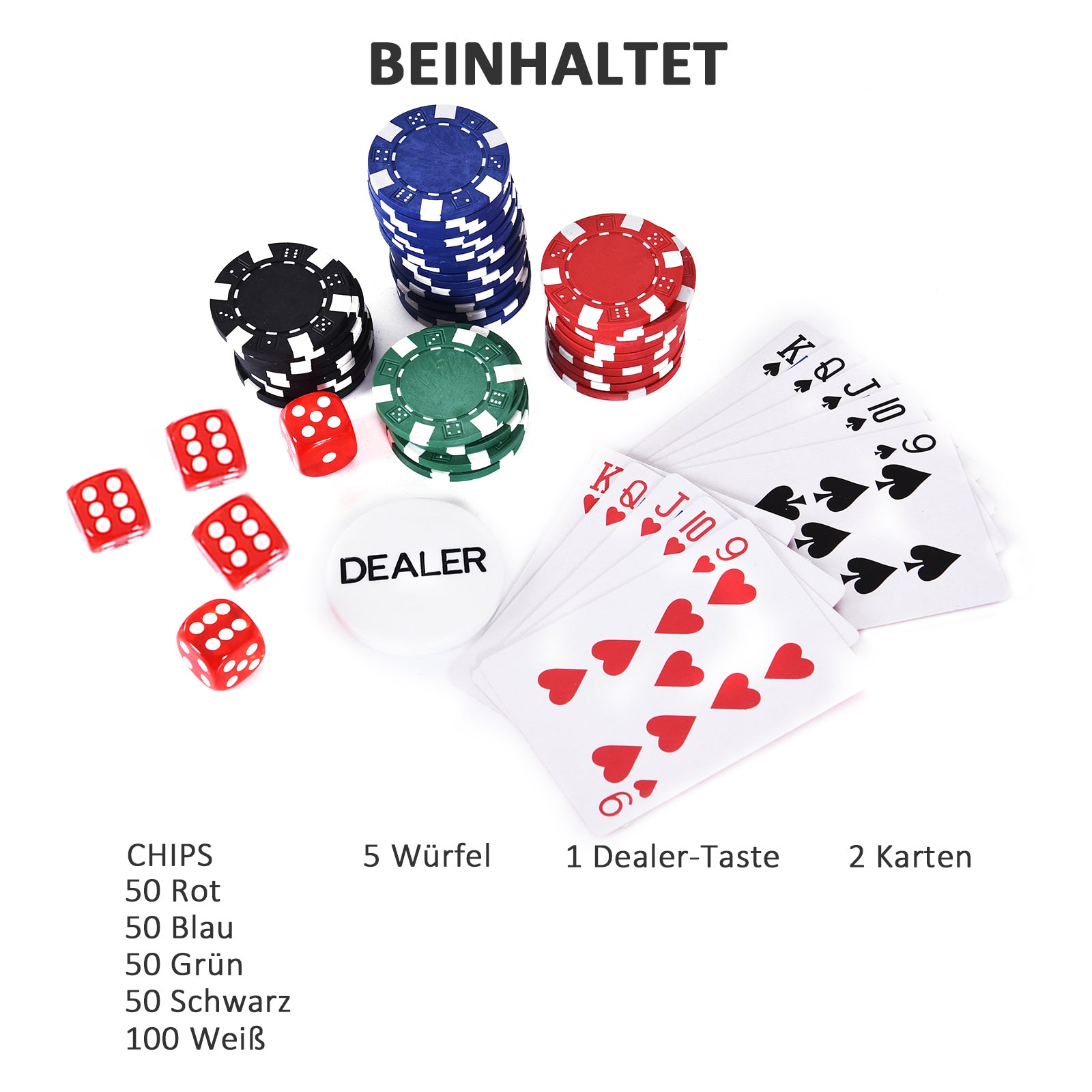 HOMCOM Pokerkoffer Pokerset 200 Pokerchips 2xKartenspiel 5xWürfel 1xAlukoffer Poker Set Jetons Koffer Alu+ Polystyrol 29,5x20,5x6,5 cm