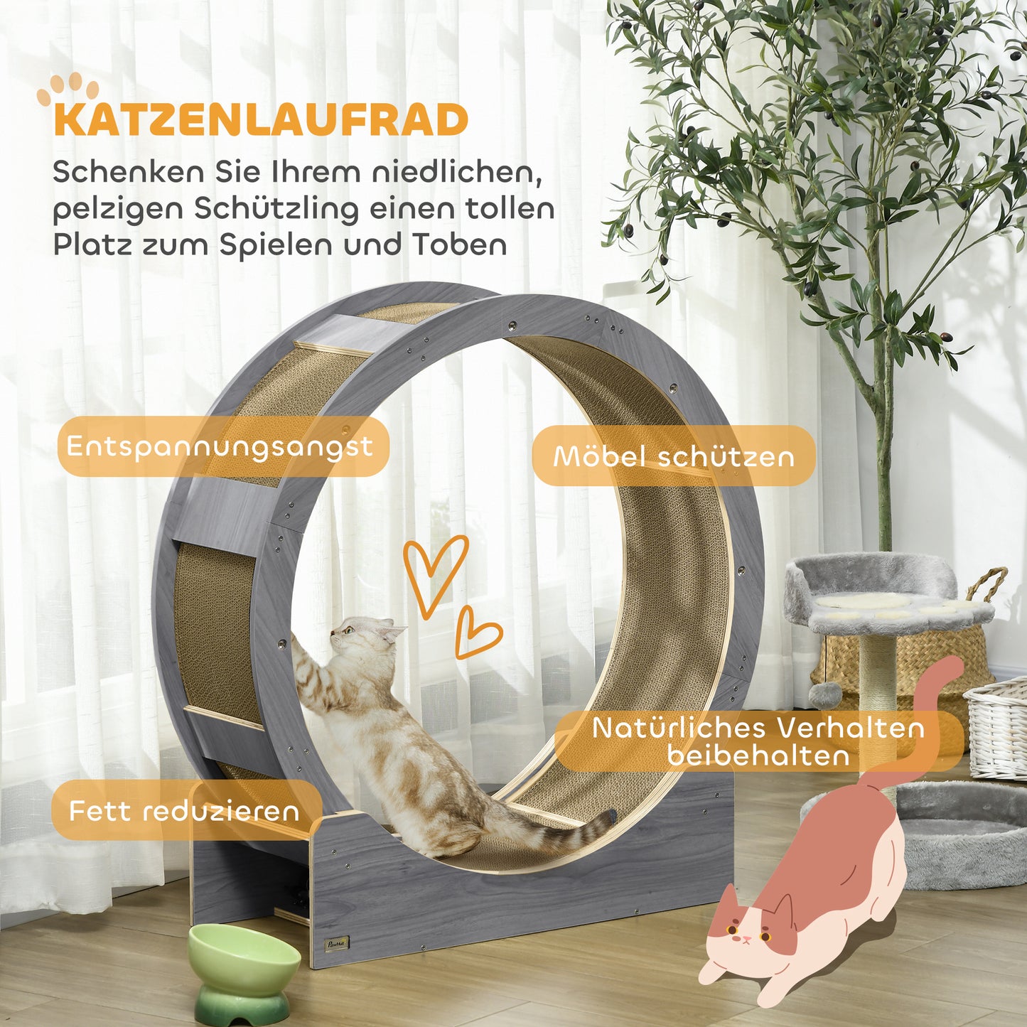 PawHut Katzenlaufrad, Laufrad für Katzen, 91 cm, mit Bremse, Kratzmatte, Katzenrad für gesunde Bewegung, Walnuss